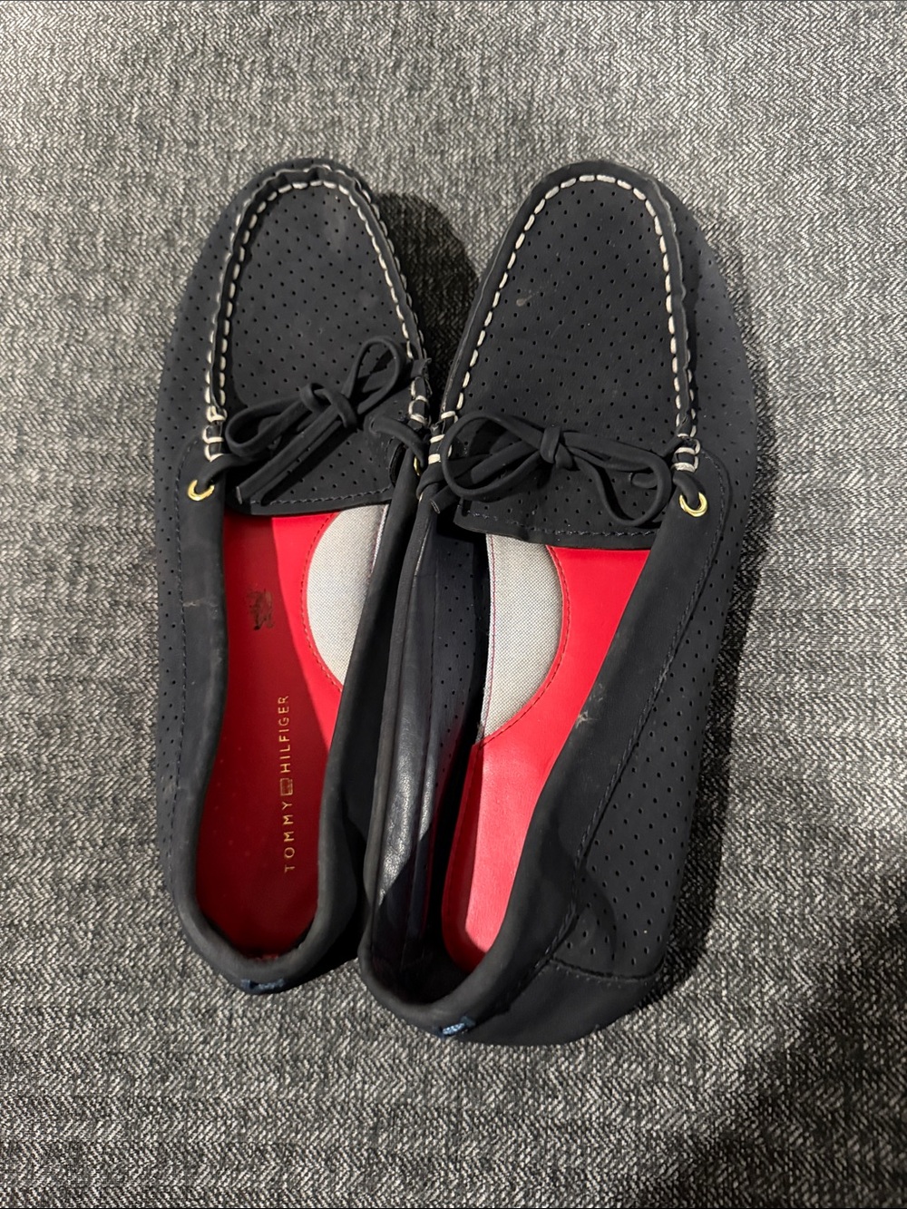 Tommy Hilfiger Black Perforated Driving Loafers with Red Insole
